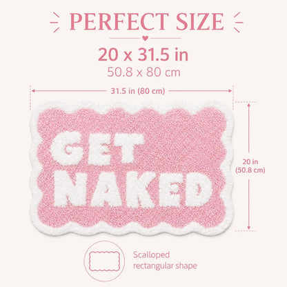 Scalloped Pink Bath Rug, Get Naked Cute Bathroom Rug, Soft Absorbent Quick Dry Bath Mat, TPR Non Slip Backing, Microfiber Mat for Shower Tub Sink Vanity 20" x 31.5"