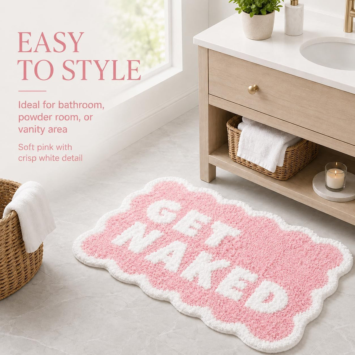 Scalloped Pink Bath Rug, Get Naked Cute Bathroom Rug, Soft Absorbent Quick Dry Bath Mat, TPR Non Slip Backing, Microfiber Mat for Shower Tub Sink Vanity 20" x 31.5"