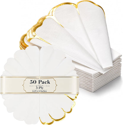 Floral Paper Napkins Pink Gold Scalloped Guest Towels | 50 Count 3-Ply Paper Dinner Napkins for Wedding Receptions Table Settings and Baby Showers - 6.25 x 6 Inches