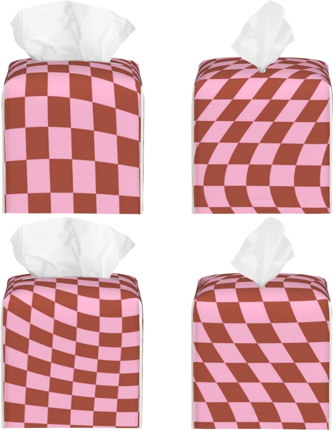 Retro Check Pattern Pink and Brown Checkerboard Tissue Box Cover, Pu Leather Square Decorative Organizer for Tabletop, Bathroom, Bedroom, Office