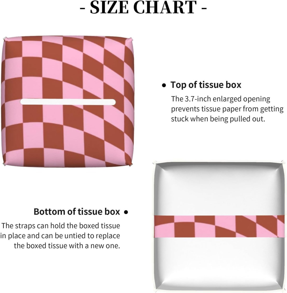 Retro Check Pattern Pink and Brown Checkerboard Tissue Box Cover, Pu Leather Square Decorative Organizer for Tabletop, Bathroom, Bedroom, Office