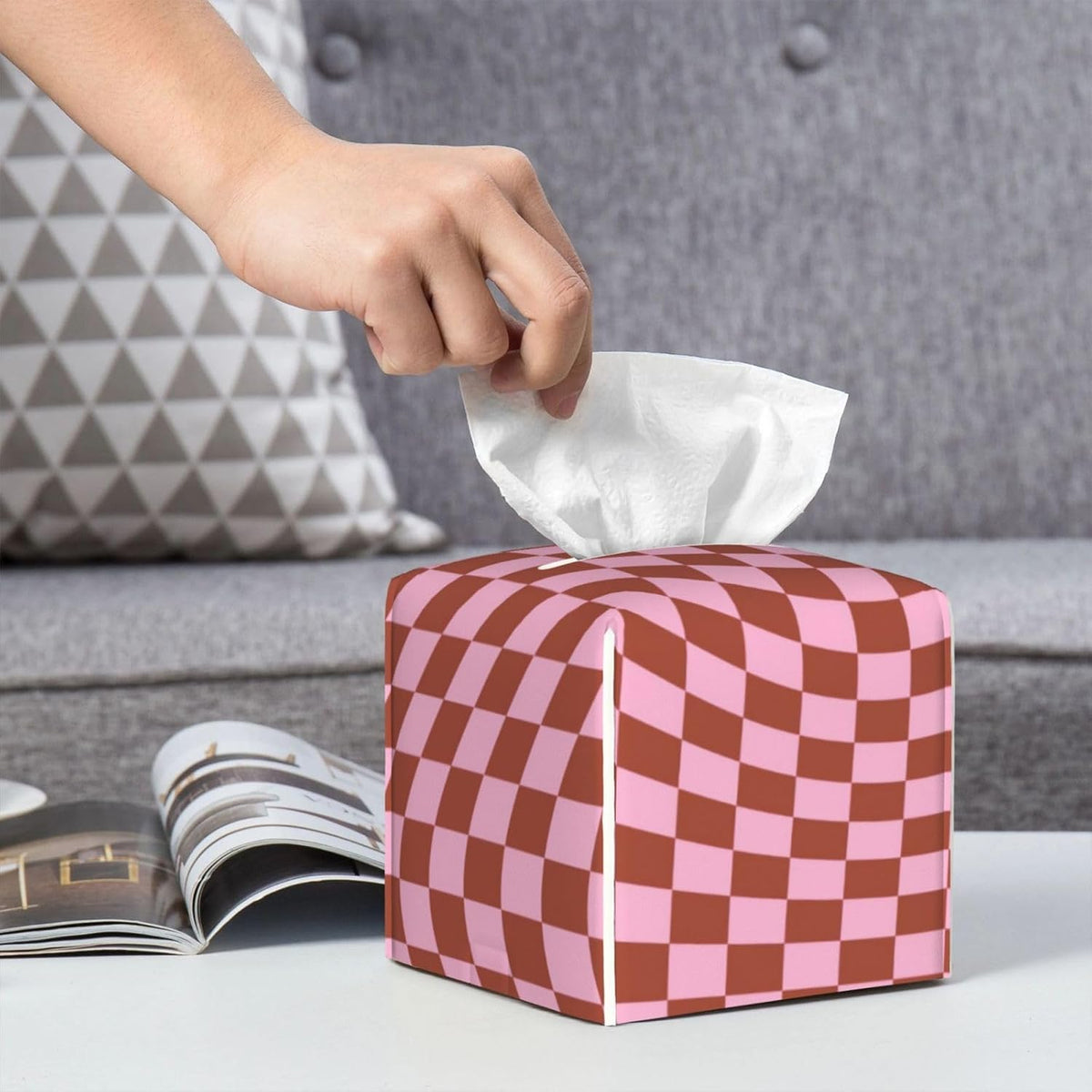 Retro Check Pattern Pink and Brown Checkerboard Tissue Box Cover, Pu Leather Square Decorative Organizer for Tabletop, Bathroom, Bedroom, Office