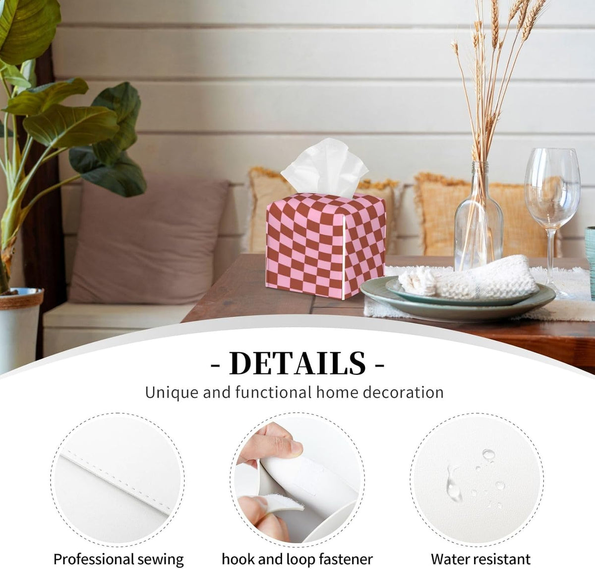 Retro Check Pattern Pink and Brown Checkerboard Tissue Box Cover, Pu Leather Square Decorative Organizer for Tabletop, Bathroom, Bedroom, Office
