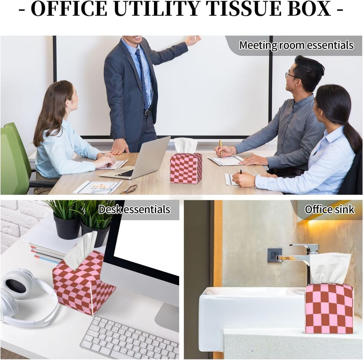 Retro Check Pattern Pink and Brown Checkerboard Tissue Box Cover, Pu Leather Square Decorative Organizer for Tabletop, Bathroom, Bedroom, Office