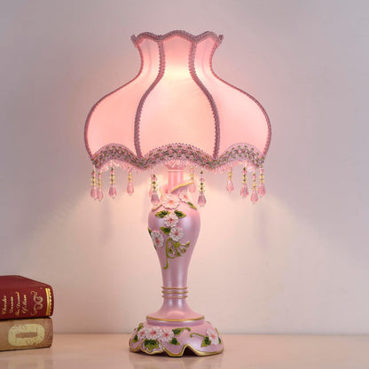 Victorian Style Table Lamp with Fabric Lampshade Beaded Fringe, Pink