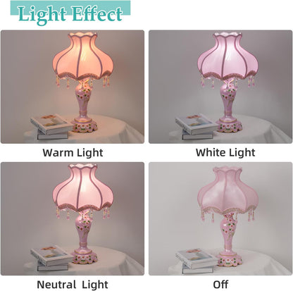 Victorian Style Table Lamp with Fabric Lampshade Beaded Fringe, Pink