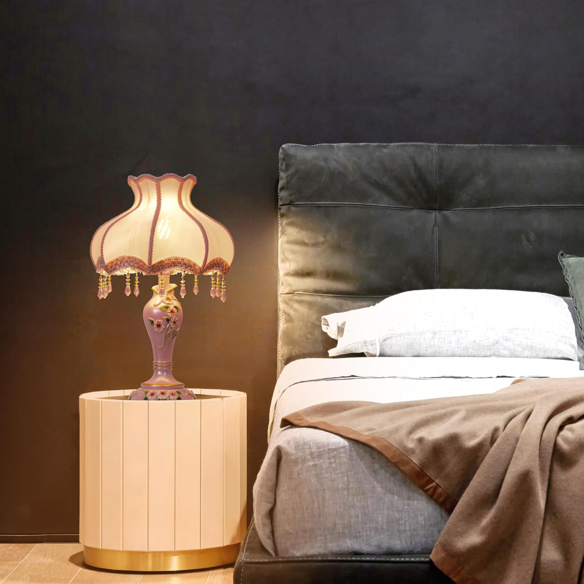 Victorian Style Table Lamp with Fabric Lampshade Beaded Fringe, Pink