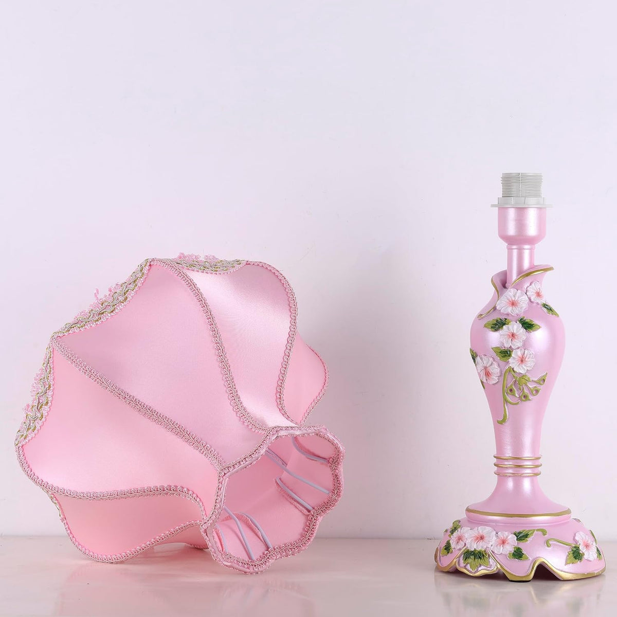 Victorian Style Table Lamp with Fabric Lampshade Beaded Fringe, Pink