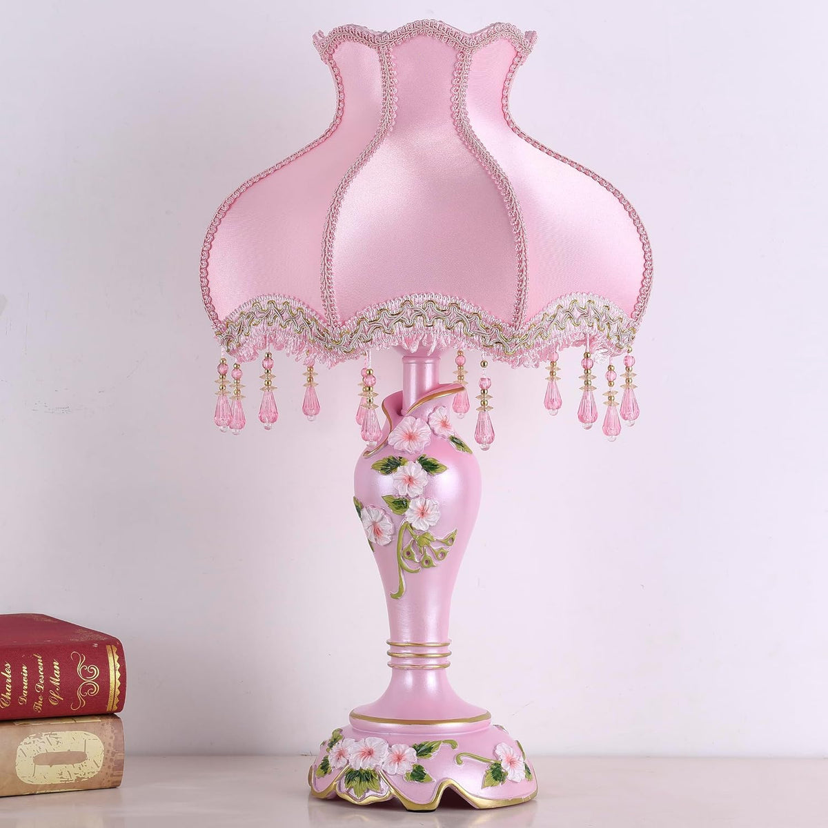 Victorian Style Table Lamp with Fabric Lampshade Beaded Fringe, Pink