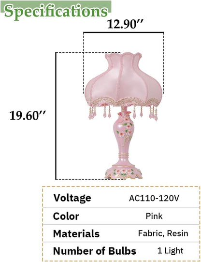 Victorian Style Table Lamp with Fabric Lampshade Beaded Fringe, Pink