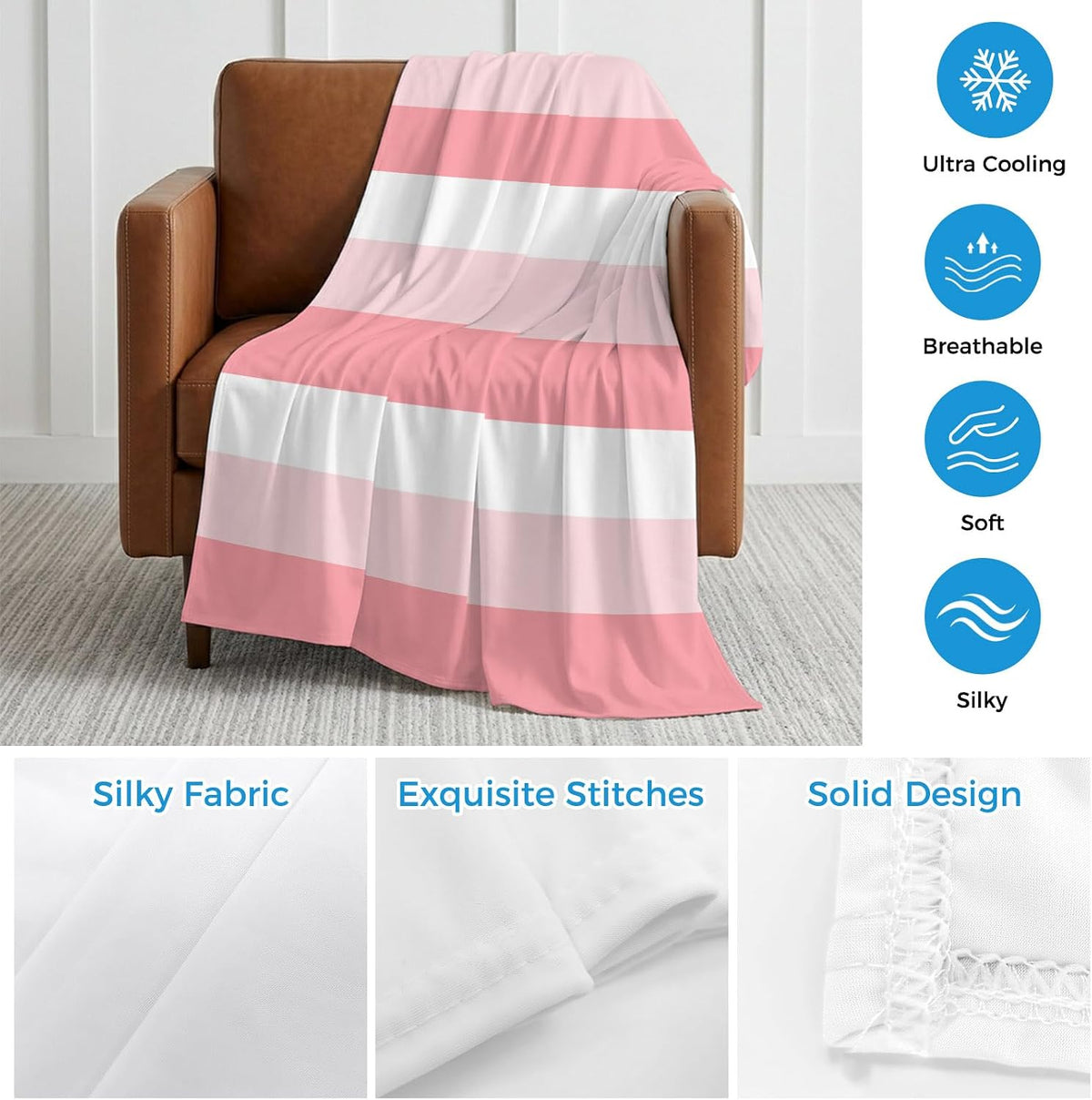Cooling Blanket for Hot Sleepers Pink Stripe Lightweight Breathable Double Sided Summer Blanket Striped Cooling Throw Blanket for Couch Bed Night Sweats 30"x40"