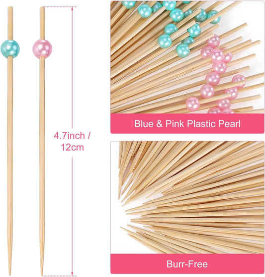 [100 Pcs] Gender Reveal Decorations Cocktail Picks - 4.7 inches Blue and Pink Pearl Toothpicks for Appetizers, Baby Shower Cocktail Skewers Gender Reveal Cupcake Toppers Boy or Girl Food Picks