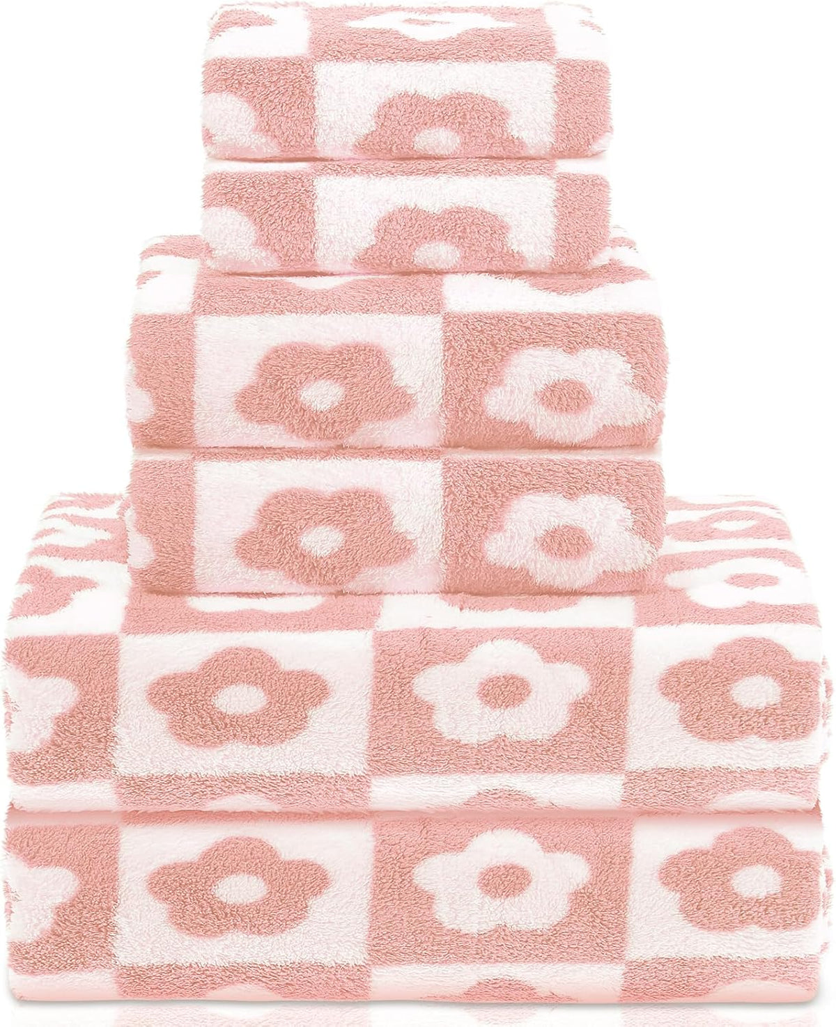 6 Pcs Checkered Bath Towels Set, Pink, Flower