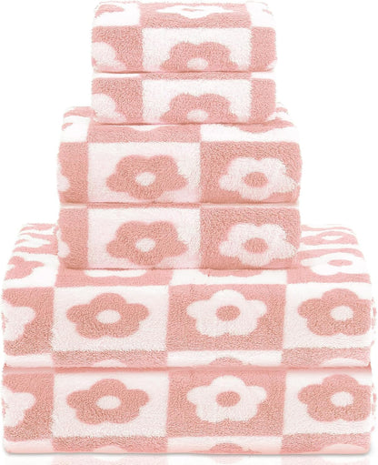 6 Pcs Checkered Bath Towels Set, Pink, Flower