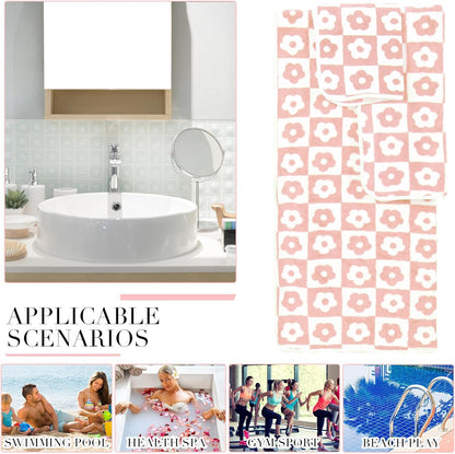6 Pcs Checkered Bath Towels Set, Pink, Flower