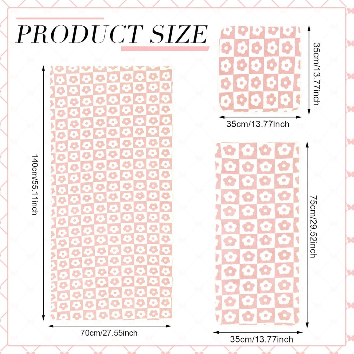 6 Pcs Checkered Bath Towels Set, Pink, Flower