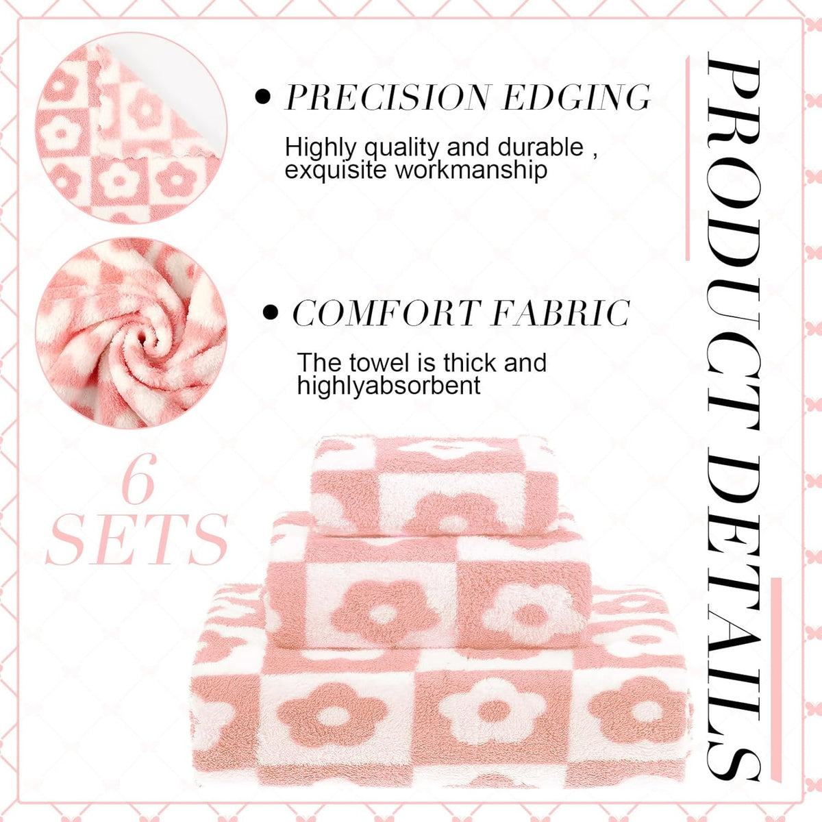6 Pcs Checkered Bath Towels Set, Pink, Flower