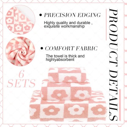 6 Pcs Checkered Bath Towels Set, Pink, Flower