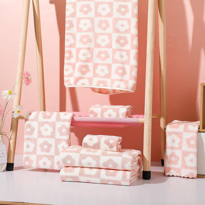 6 Pcs Checkered Bath Towels Set, Pink, Flower