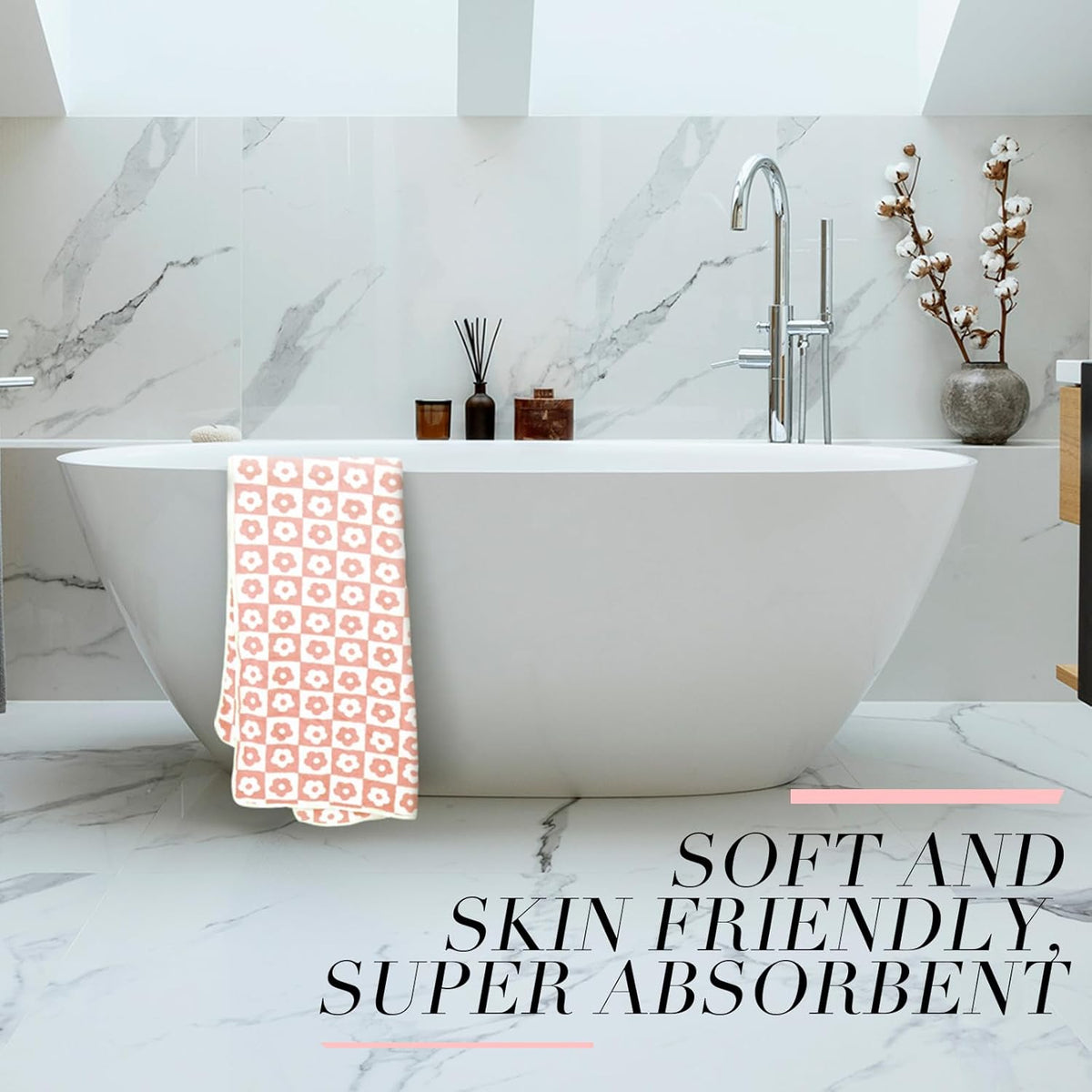 6 Pcs Checkered Bath Towels Set, Pink, Flower