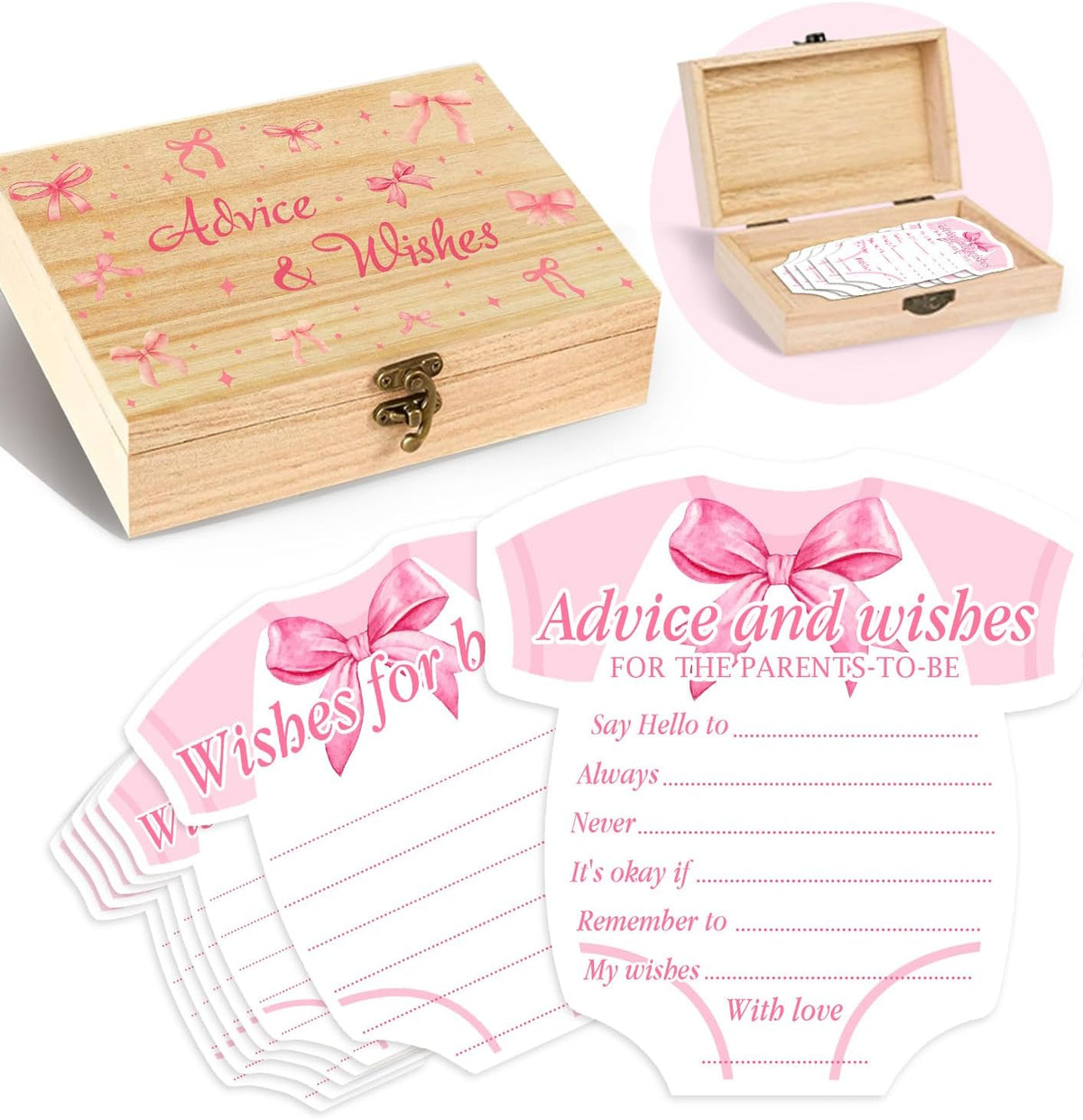 Pink Bow Baby Shower Decorations, Coquette Baby Shower Prediction and Advice Cards, 50PCS Pink Bow Advice and Wish Cards with Box for New Parents, Bow Games Activity for Gender Reveal Party