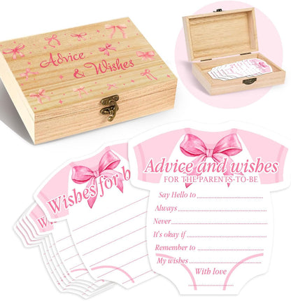 Pink Bow Baby Shower Decorations, Coquette Baby Shower Prediction and Advice Cards, 50PCS Pink Bow Advice and Wish Cards with Box for New Parents, Bow Games Activity for Gender Reveal Party