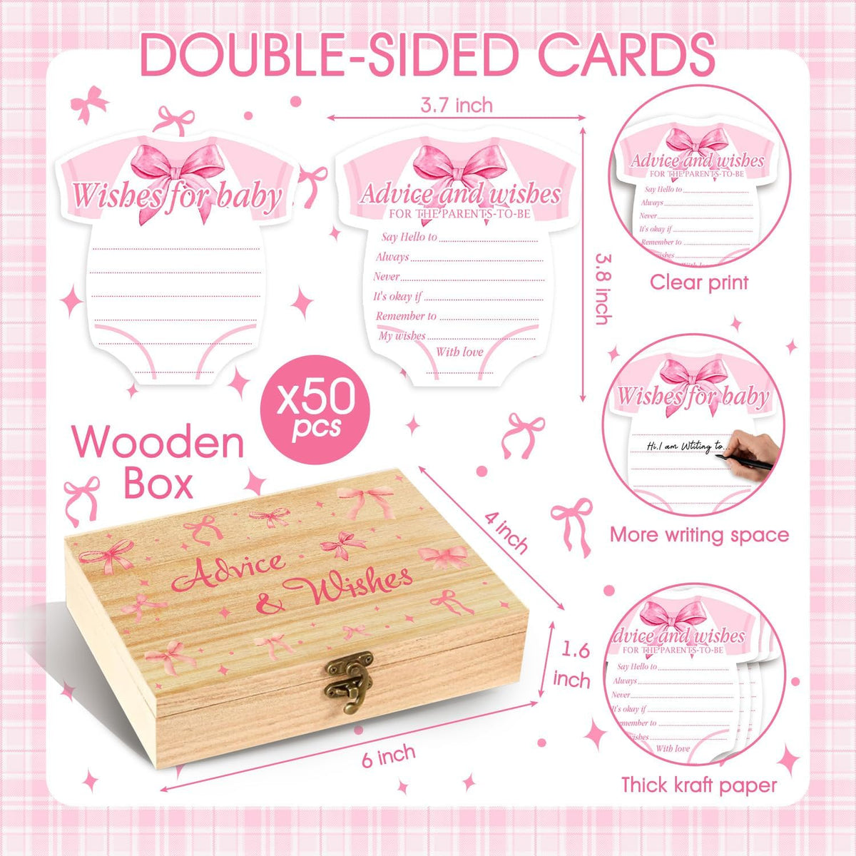 Pink Bow Baby Shower Decorations, Coquette Baby Shower Prediction and Advice Cards, 50PCS Pink Bow Advice and Wish Cards with Box for New Parents, Bow Games Activity for Gender Reveal Party