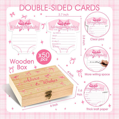 Pink Bow Baby Shower Decorations, Coquette Baby Shower Prediction and Advice Cards, 50PCS Pink Bow Advice and Wish Cards with Box for New Parents, Bow Games Activity for Gender Reveal Party