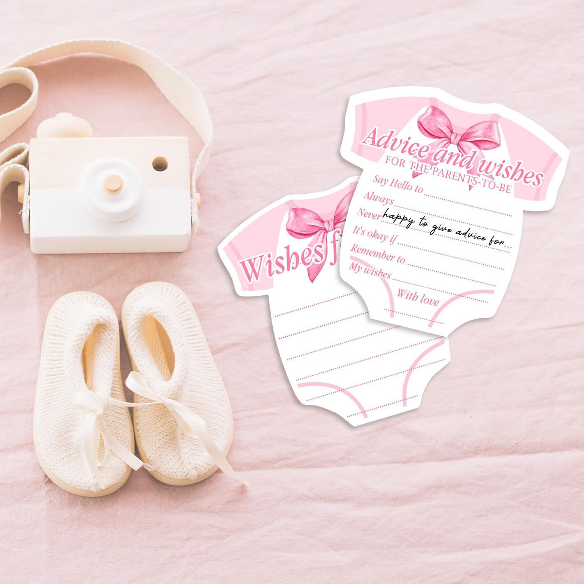 Pink Bow Baby Shower Decorations, Coquette Baby Shower Prediction and Advice Cards, 50PCS Pink Bow Advice and Wish Cards with Box for New Parents, Bow Games Activity for Gender Reveal Party