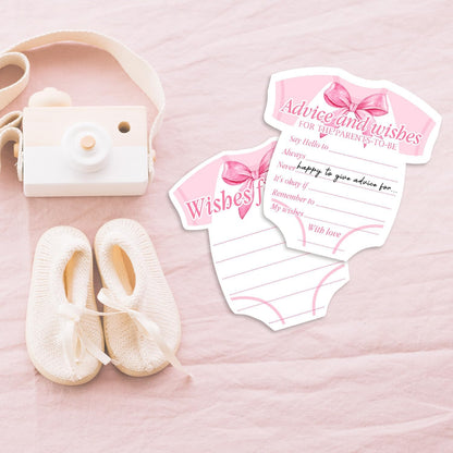 Pink Bow Baby Shower Decorations, Coquette Baby Shower Prediction and Advice Cards, 50PCS Pink Bow Advice and Wish Cards with Box for New Parents, Bow Games Activity for Gender Reveal Party