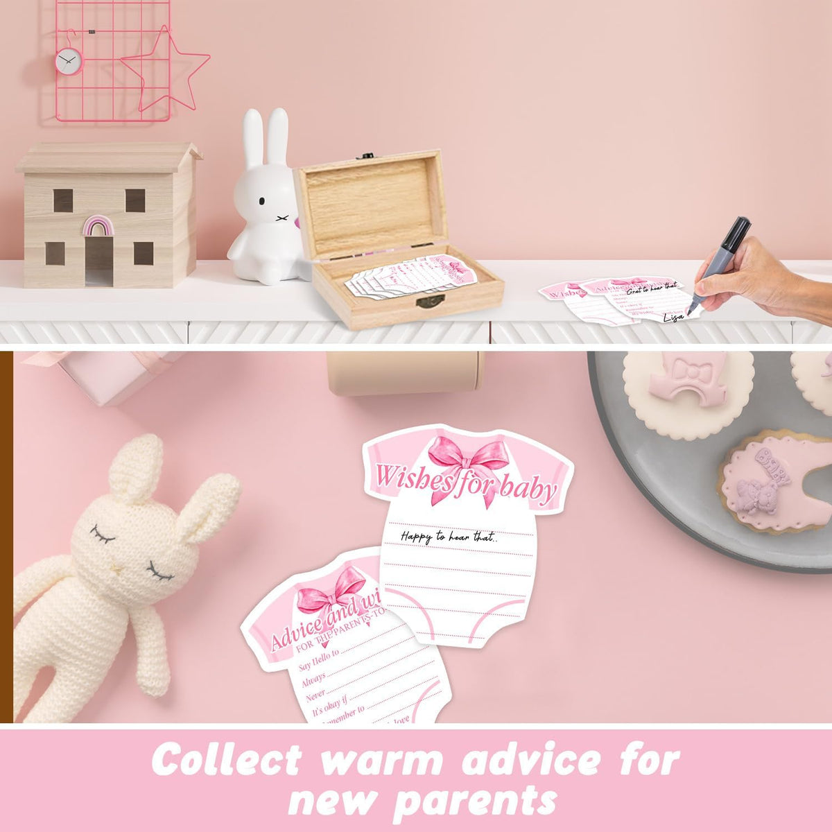 Pink Bow Baby Shower Decorations, Coquette Baby Shower Prediction and Advice Cards, 50PCS Pink Bow Advice and Wish Cards with Box for New Parents, Bow Games Activity for Gender Reveal Party