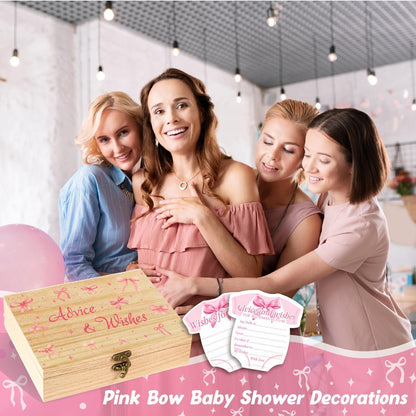 Pink Bow Baby Shower Decorations, Coquette Baby Shower Prediction and Advice Cards, 50PCS Pink Bow Advice and Wish Cards with Box for New Parents, Bow Games Activity for Gender Reveal Party