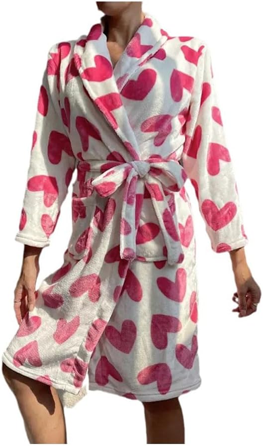 Women Plush Robe Cute Hearts Partern Warm Coral Fleece Bathrobe with Pockets Ladies Loungewear Relaxing at Home