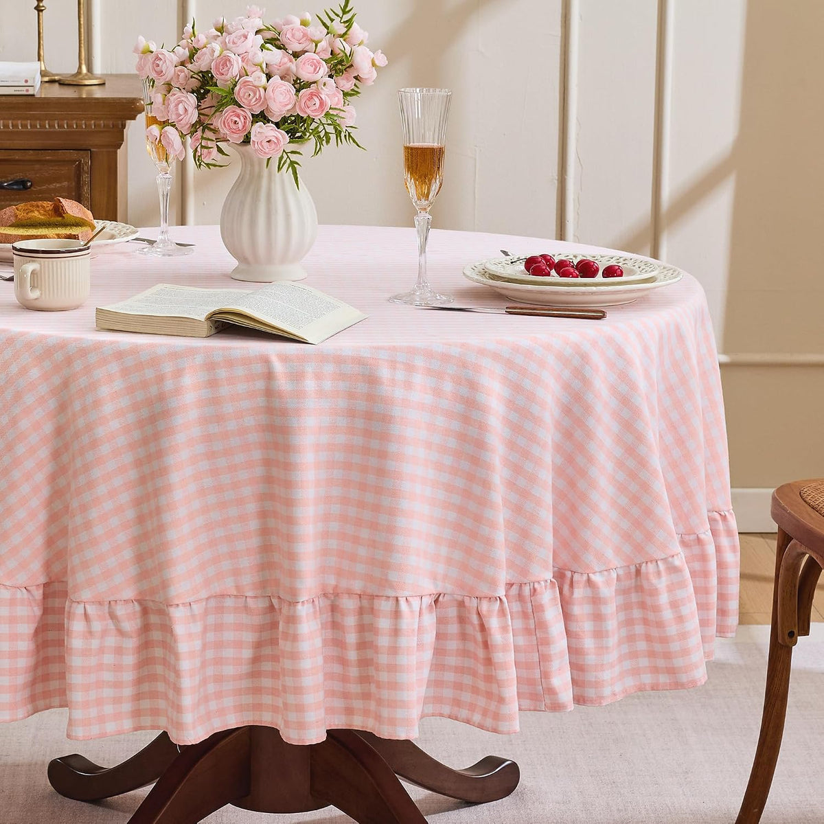 Gingham Ruffled 60" Round Tablecloth Cotton Linen Style, Blush Pink