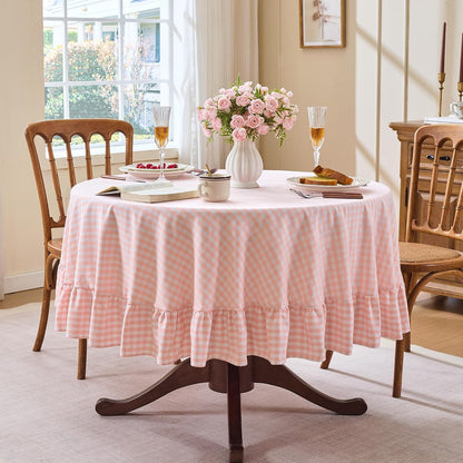 Gingham Ruffled 60" Round Tablecloth Cotton Linen Style, Blush Pink