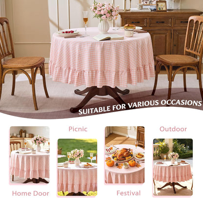 Gingham Ruffled 60" Round Tablecloth Cotton Linen Style, Blush Pink