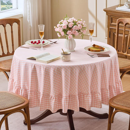 Gingham Ruffled 60" Round Tablecloth Cotton Linen Style, Blush Pink