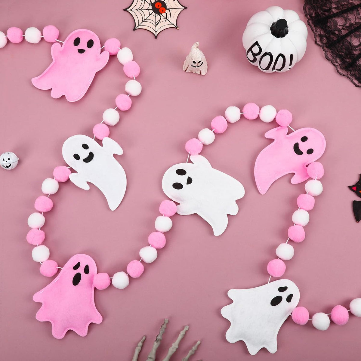 Pink Ghost Garland 3D Felt Halloween Banner for Fireplace Decor
