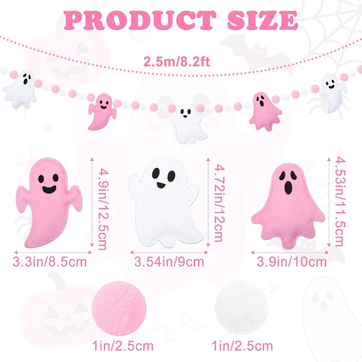 Pink Ghost Garland 3D Felt Halloween Banner for Fireplace Decor