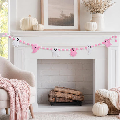 Pink Ghost Garland 3D Felt Halloween Banner for Fireplace Decor