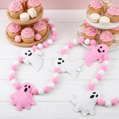 Pink Ghost Garland 3D Felt Halloween Banner for Fireplace Decor