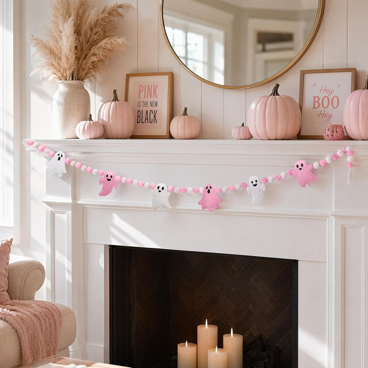 Pink Ghost Garland 3D Felt Halloween Banner for Fireplace Decor