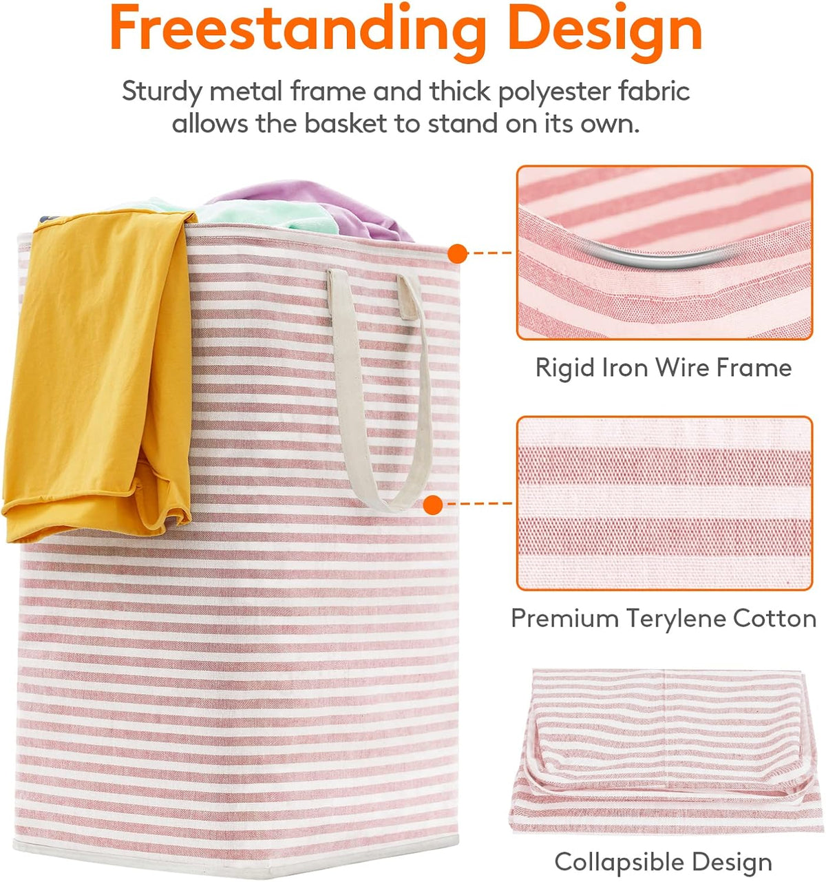 80L Large Laundry Baskets, 1 Pack, Reinforced Handles, Pink