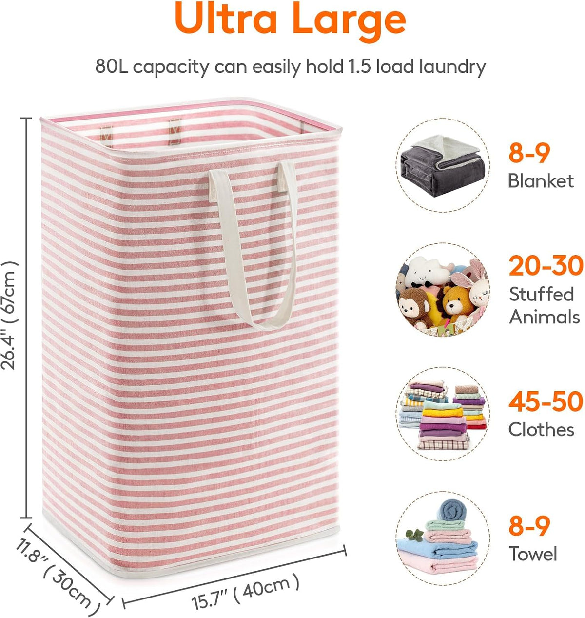 80L Large Laundry Baskets, 1 Pack, Reinforced Handles, Pink