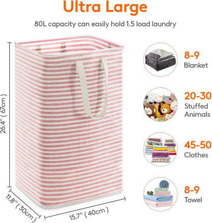 80L Large Laundry Baskets, 1 Pack, Reinforced Handles, Pink