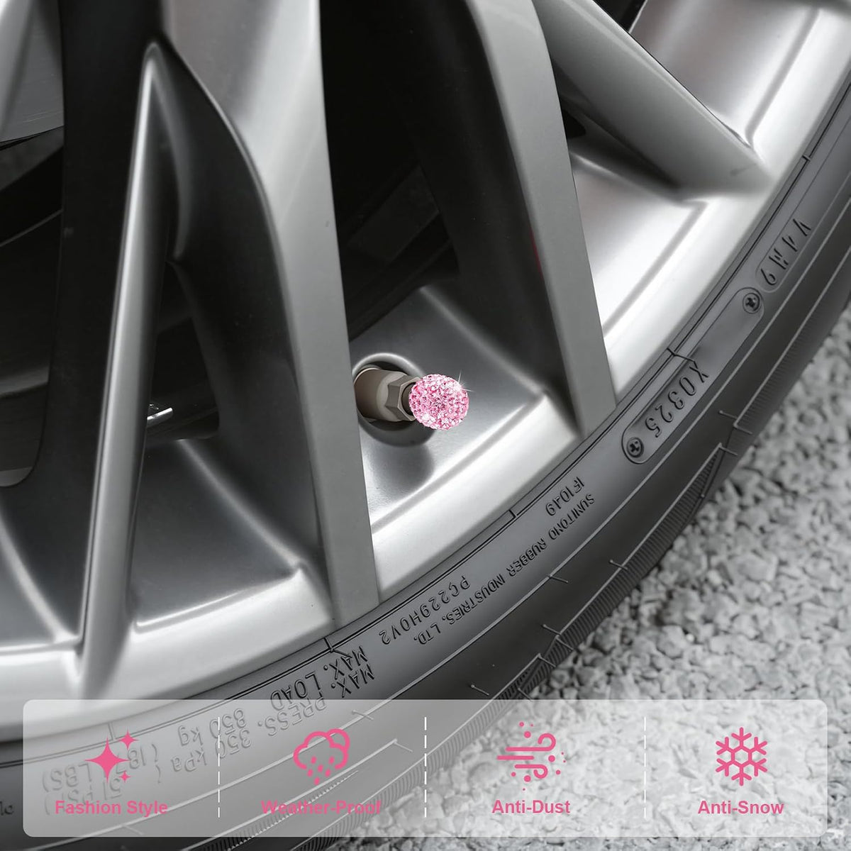 4 Pack Handmade Crystal Rhinestone Car Tire Valve Stem Caps, Car Wheel Tire Valve, Attractive Dustproof Bling Car Accessories, Universal for Cars, Trucks and Motorcycles-Pink