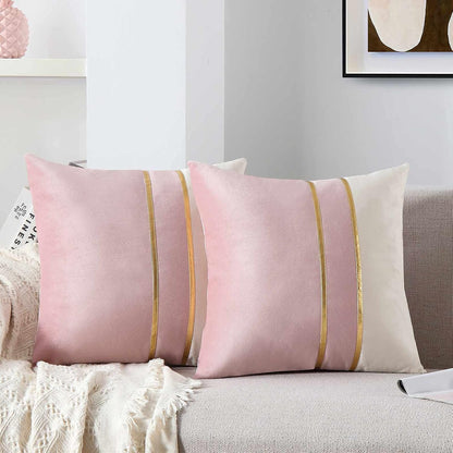 Velvet Throw Pillow Covers - Pack of 2 Soft Decorative Cushion Covers Cases with Gold Leather for Sofa Bedroom Livingroom Car, 18 x 18 in, Blush Pink and White