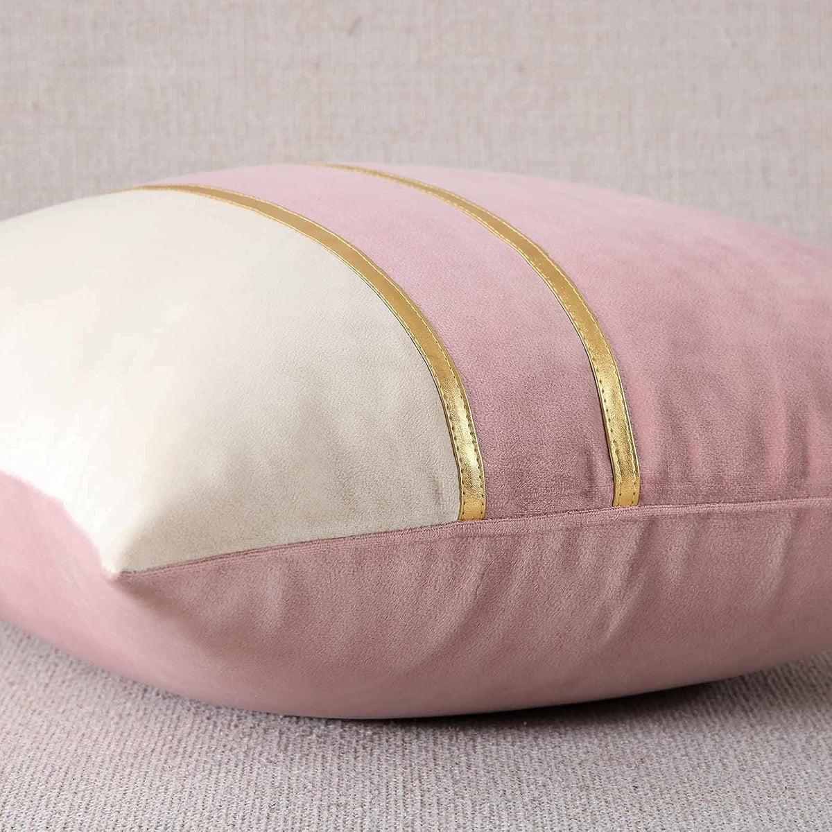Velvet Throw Pillow Covers - Pack of 2 Soft Decorative Cushion Covers Cases with Gold Leather for Sofa Bedroom Livingroom Car, 18 x 18 in, Blush Pink and White