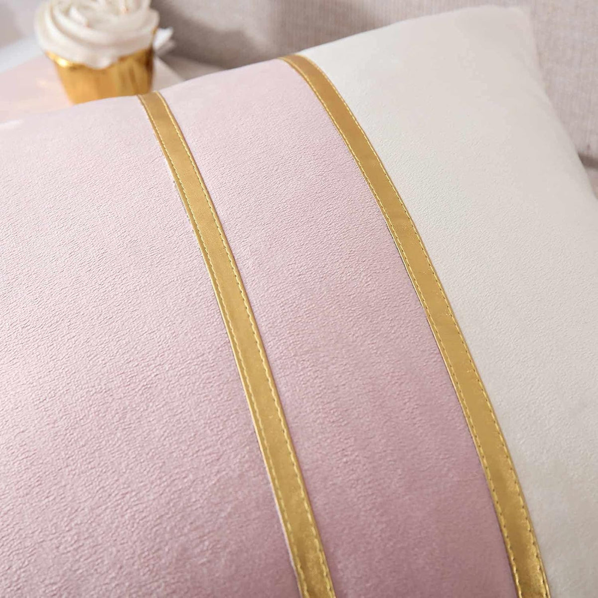 Velvet Throw Pillow Covers - Pack of 2 Soft Decorative Cushion Covers Cases with Gold Leather for Sofa Bedroom Livingroom Car, 18 x 18 in, Blush Pink and White
