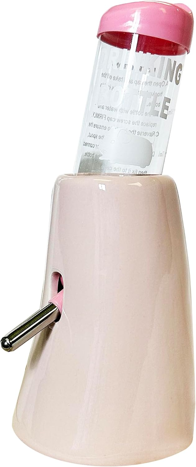 Ceramic Holder with Water Bottle. Durable & Unique. Hamsters, Hedgehogs, Chinchillas, Rats, Ferrets, Guinea Pigs, Rabbits, Squirrels. (Pink)